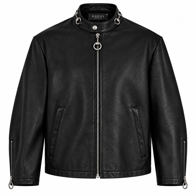 Men's black leather moto jacket with stand collar and ring zip pull, front view