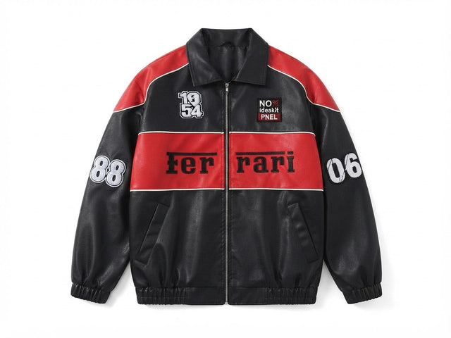 Men's black and red vintage leather racing jacket with contrast chest stripe, front view