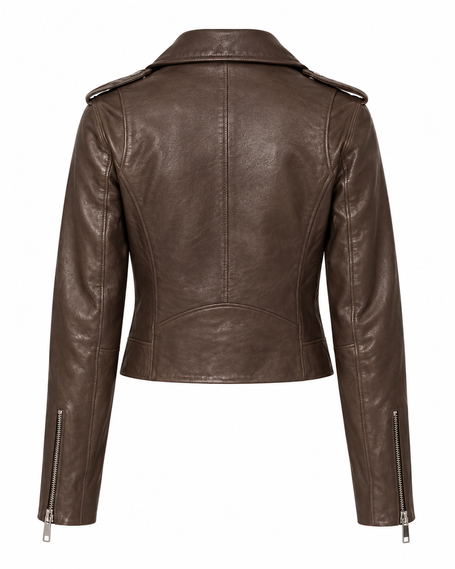 Chaqueta motera de piel marrón para mujer: cremallera asimétrica y solapas – detail view