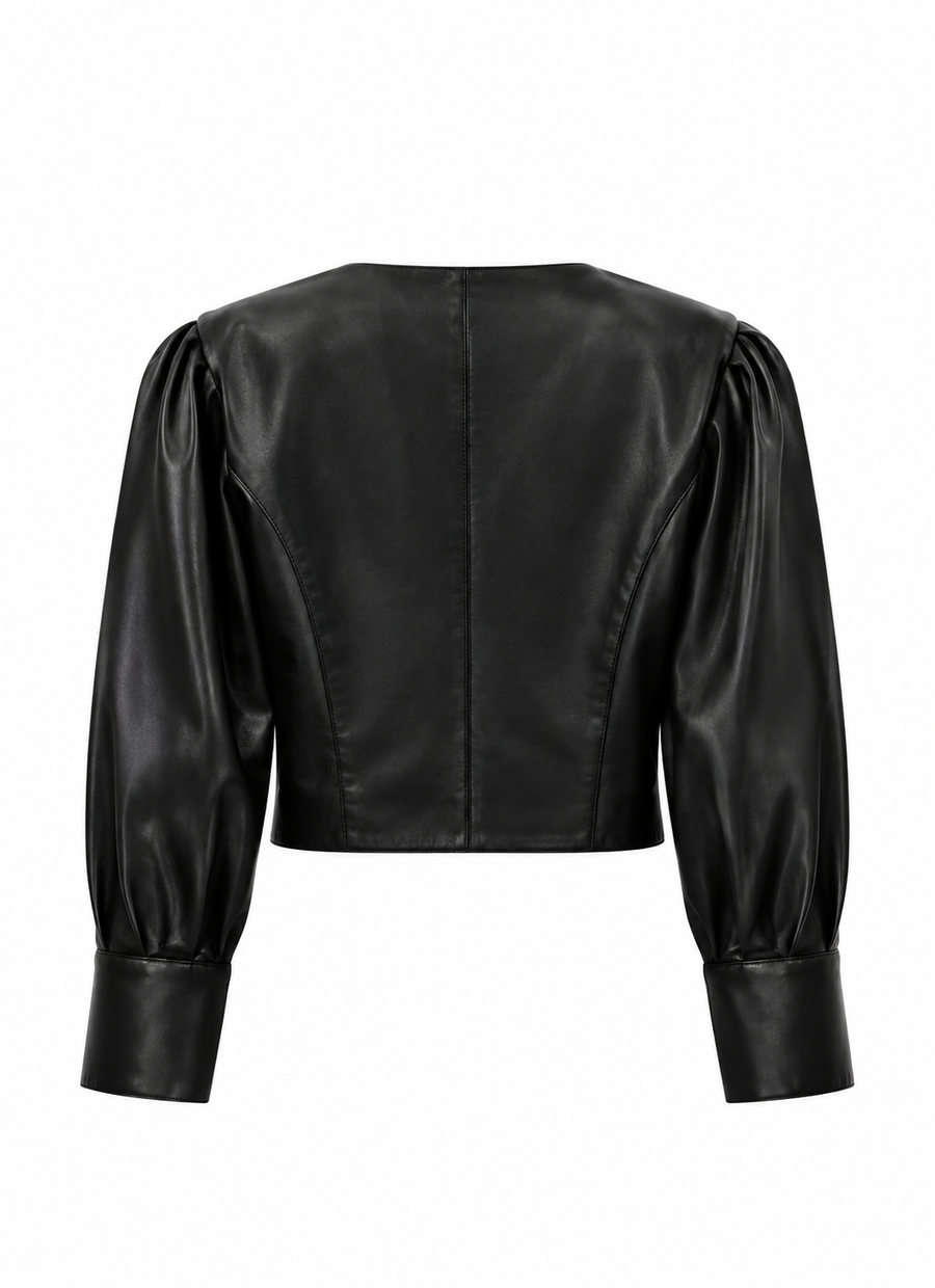 Schwarze Cropped-Lederjacke für Damen – Puffärmel & durchgehende Knopfleiste – detail view
