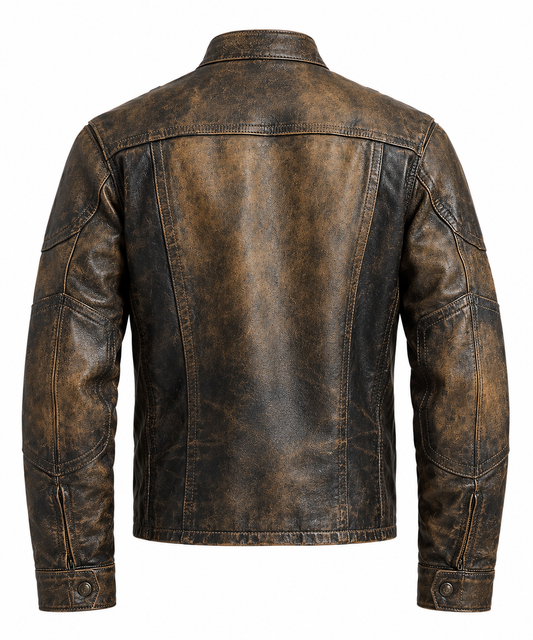 Back view of men's distressed brown leather biker jacket