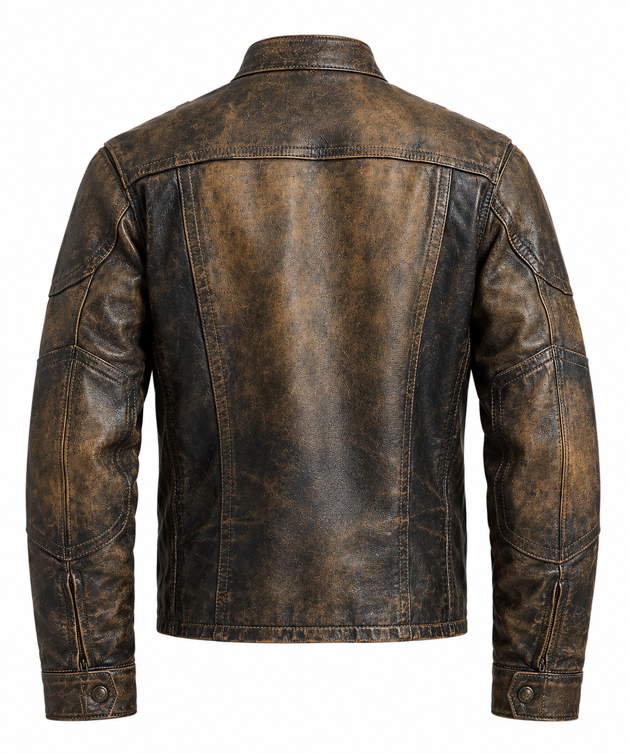 Men's Distressed Brown Leather Moto Jacket – Zip Pockets – detail view