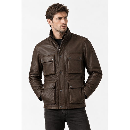 Man wearing brown leather utility bomber jacket