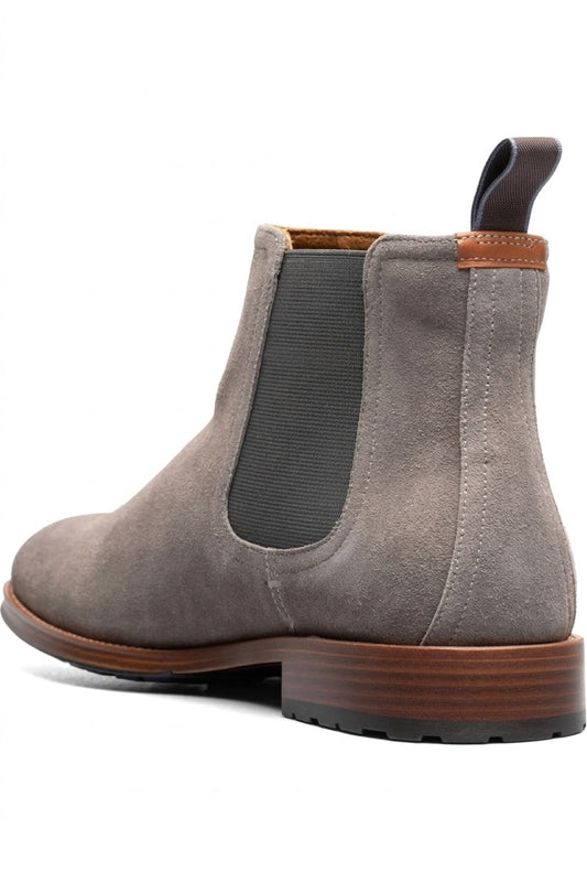 Three-quarter view of grey suede Chelsea boot
