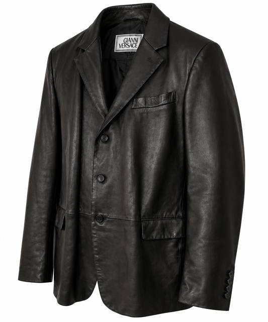 Three-quarter view of men's black leather blazer