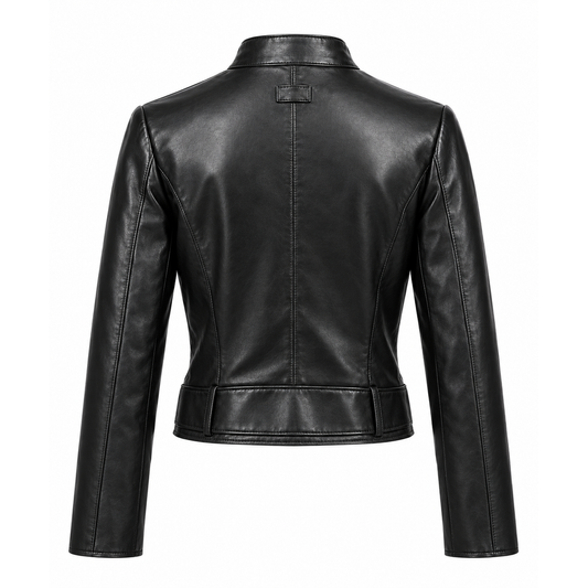 Back view of women's black belted leather moto jacket