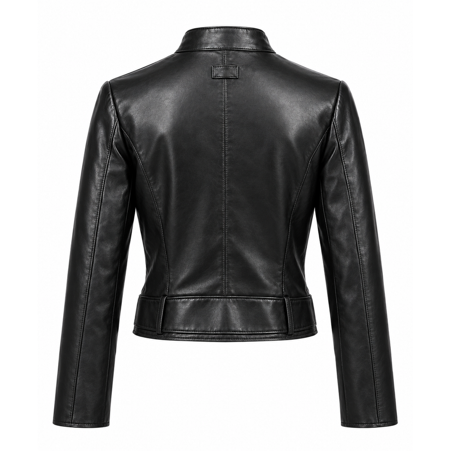 Schwarze Motorradjacke für Damen aus Rindsleder – mit Gürteltaille und Druckknopfkragen – detail view