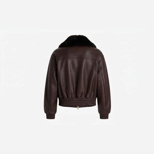 Back view of brown leather aviator jacket with fur collar
