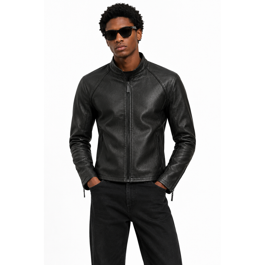 Veste en cuir noir slim pour homme – Col montant & coutures galbées – detail view