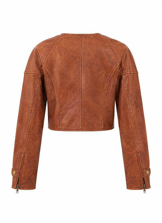 Back view of women's cognac brown cropped leather jacket