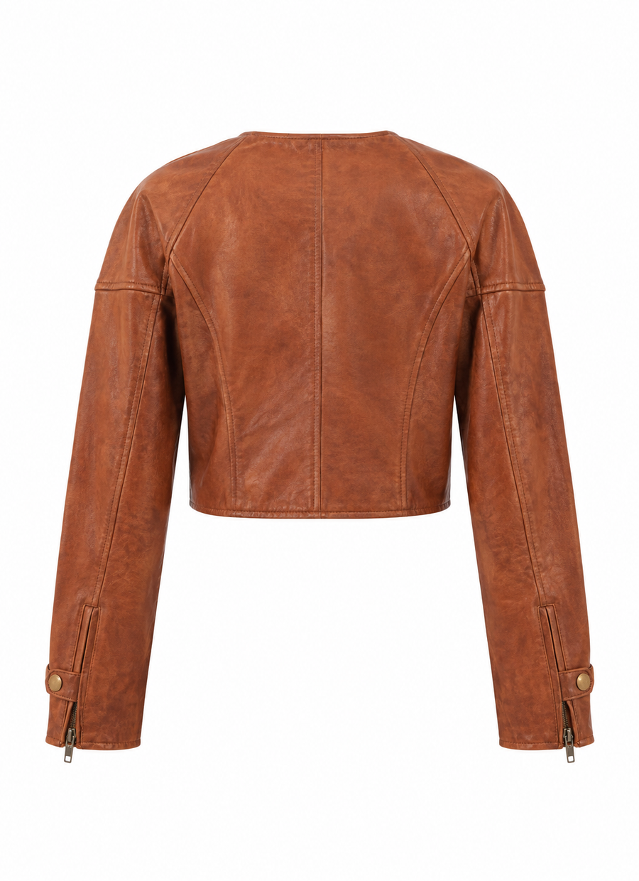 Women's Cognac Distressed Leather Moto Jacket – Cropped Cut – detail view
