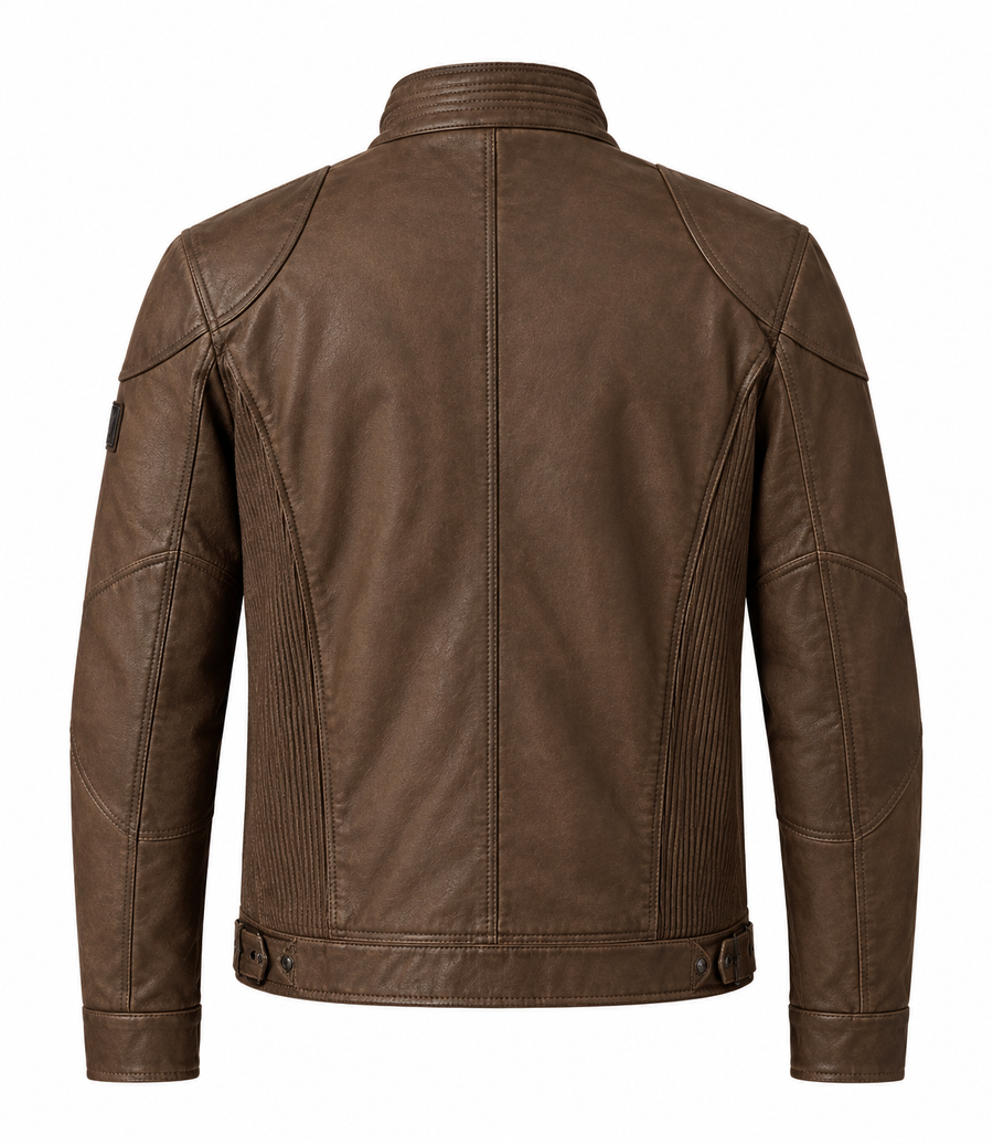 Veste de terrain utilitaire en cuir marron pour homme – Col montant & pattes de taille – detail view