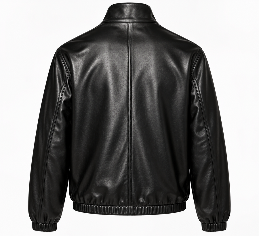 Veste en cuir noir pour homme – Zip doré, col montant & bas élastique – detail view