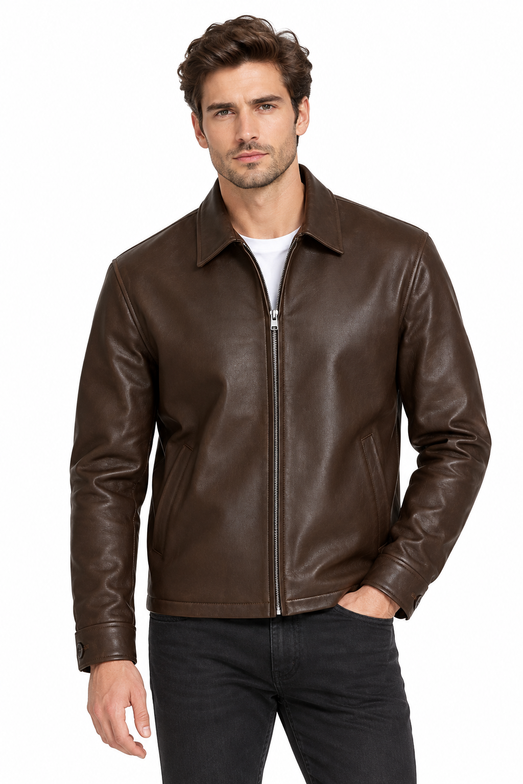 Man wearing chocolate brown leather jacket with black jeans