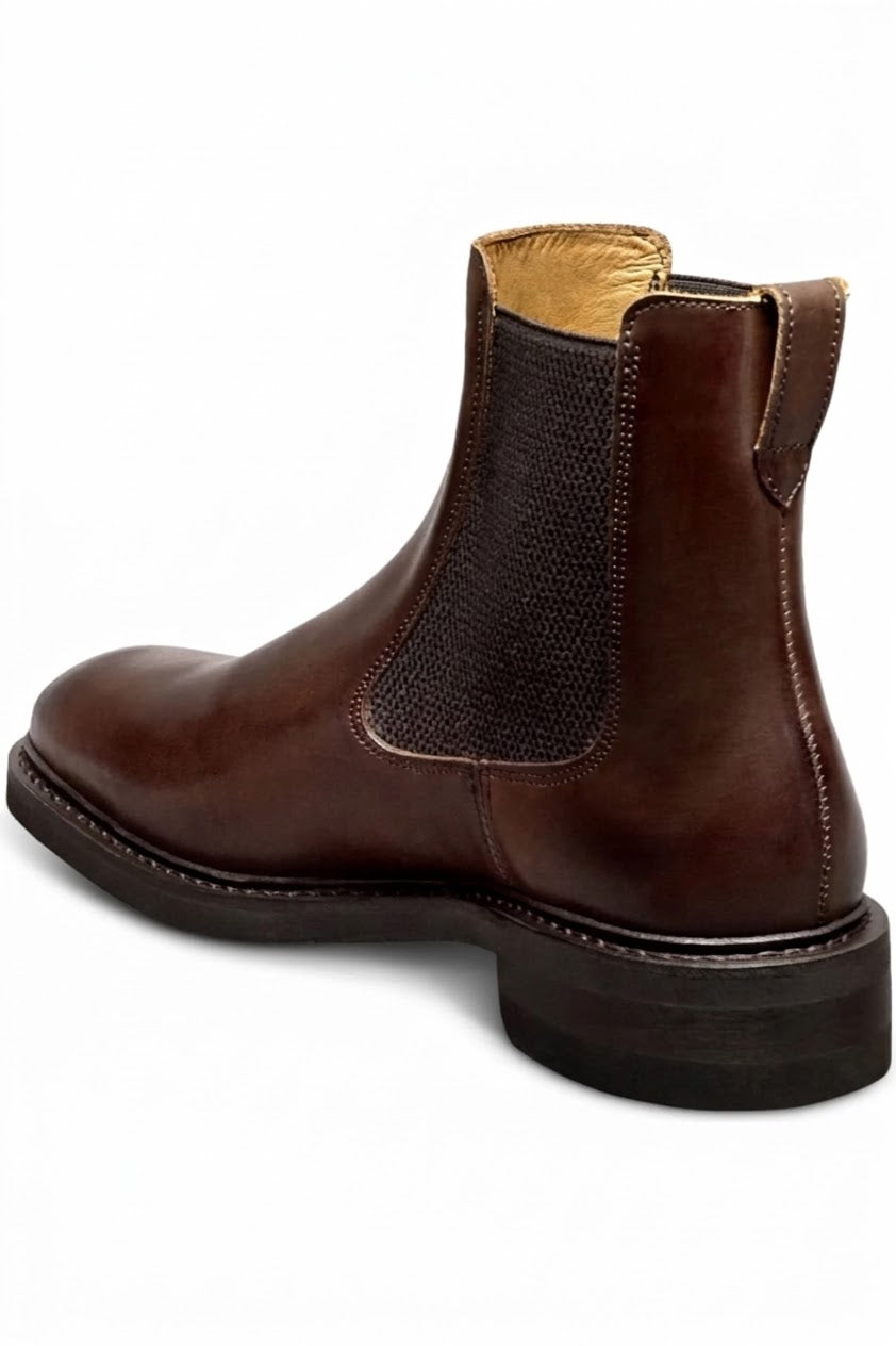 Men's Dark Brown Polished Leather Chelsea Boots – Stacked Heel – detail view