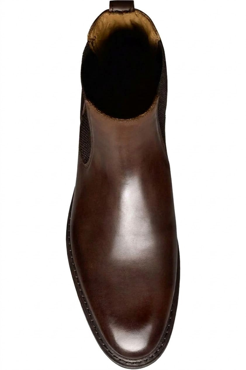 Top view of dark brown polished leather Chelsea boot
