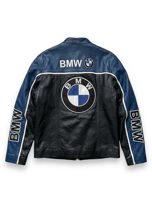 Back view of blue and black leather racing jacket with back graphics