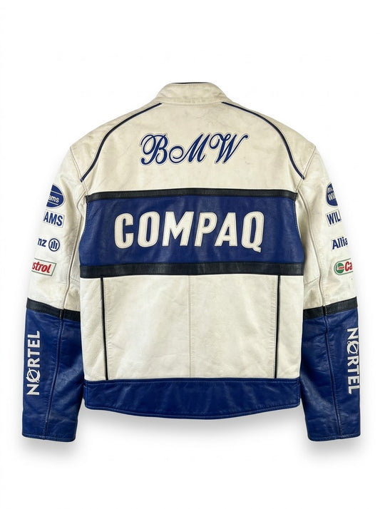Back view of cream and blue vintage racing leather jacket