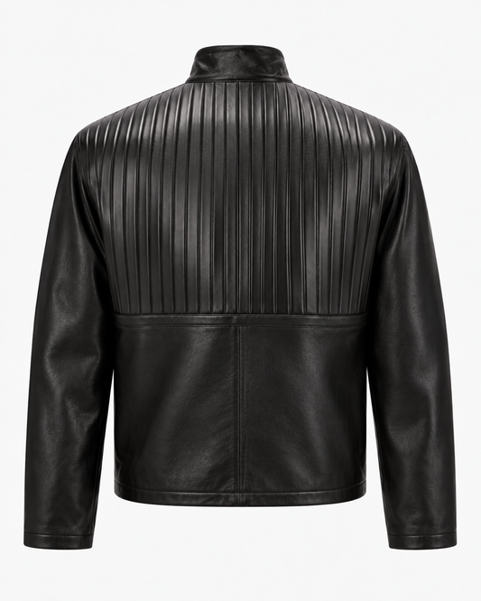 Back view of black leather bomber jacket with pintuck back yoke