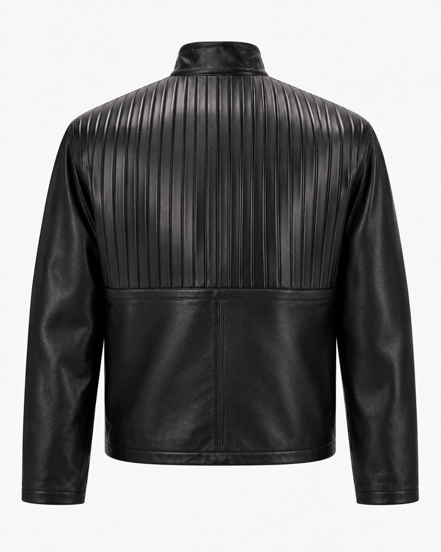 Chaqueta bomber de piel de vacuno negra para hombre – Paneles con jaretas y cuello mao – detail view