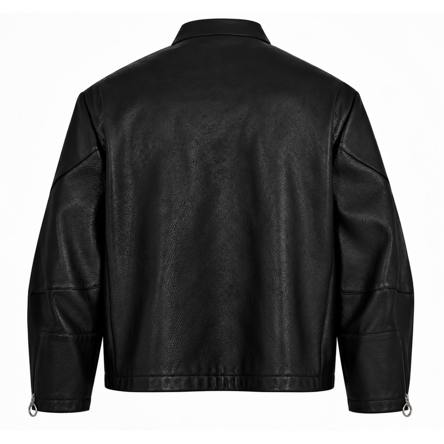 Men's Black Leather Moto Jacket – Zip Cuffs & Stand Collar – detail view