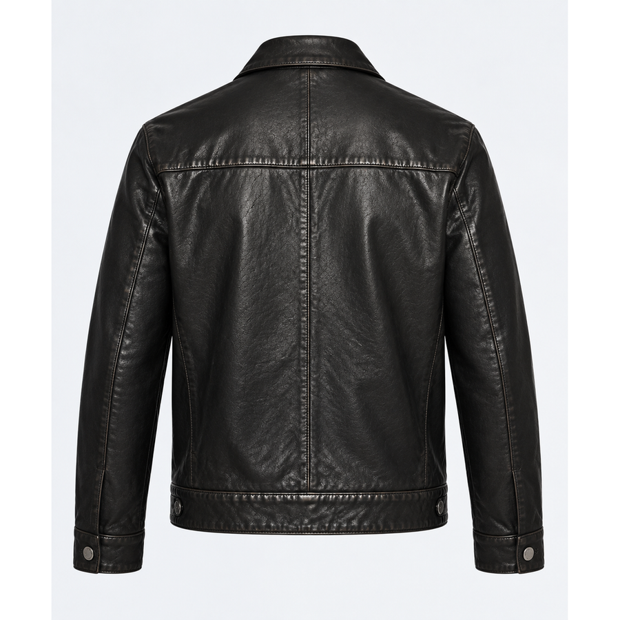 Chaqueta de piel de vacuno negra para hombre – Cuello camisero y corte regular – detail view