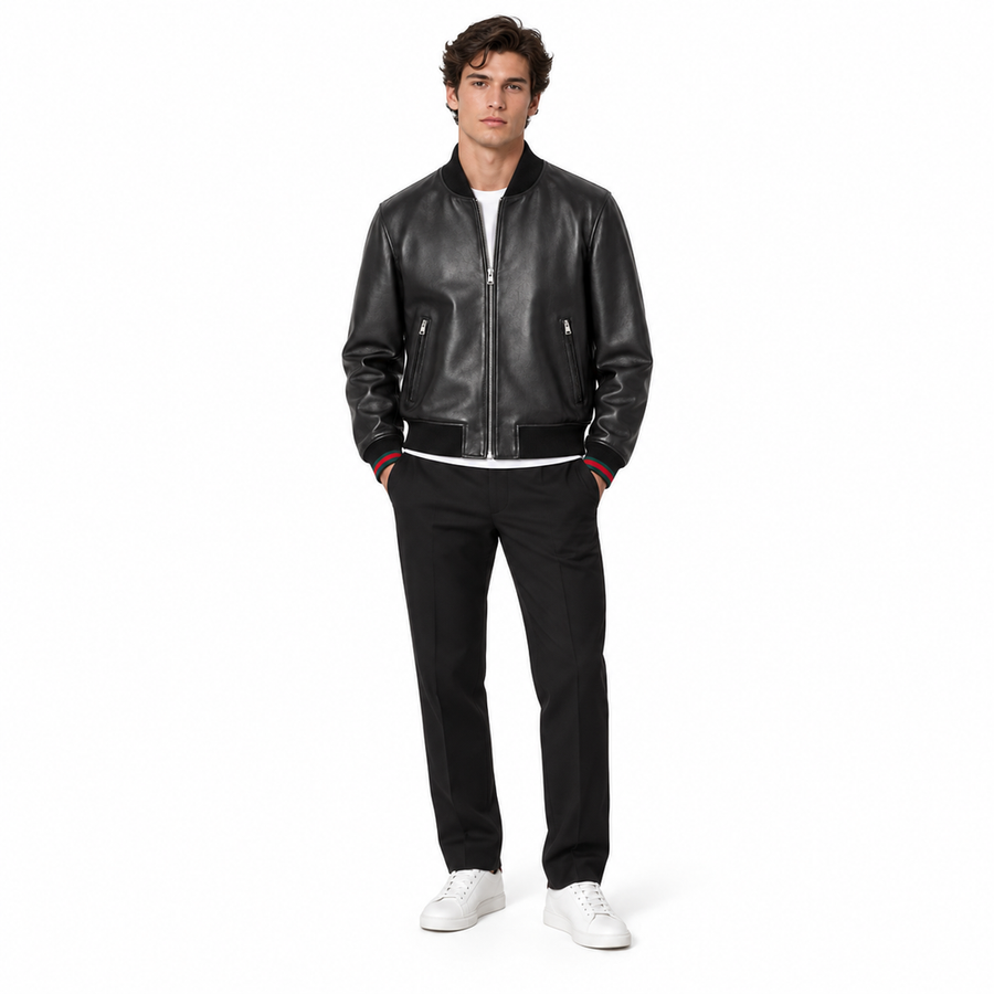 Men's Black Leather Bomber Jacket – Minimal Zip-Front Design – detail view