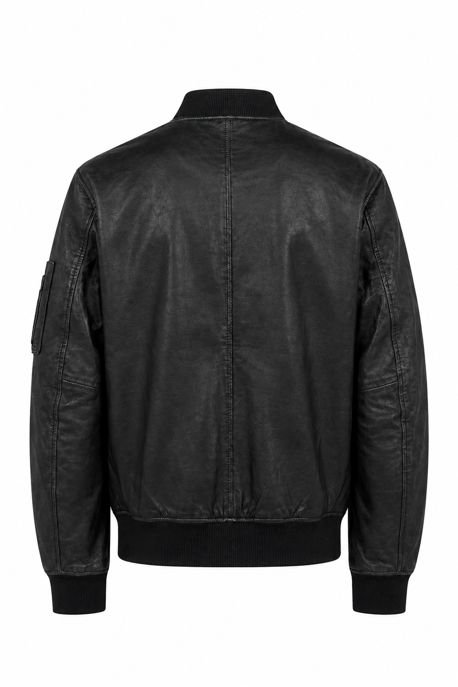 Herren-Bomberjacke aus schwarzem Echtleder – gerippter Kragen & Bündchen – detail view
