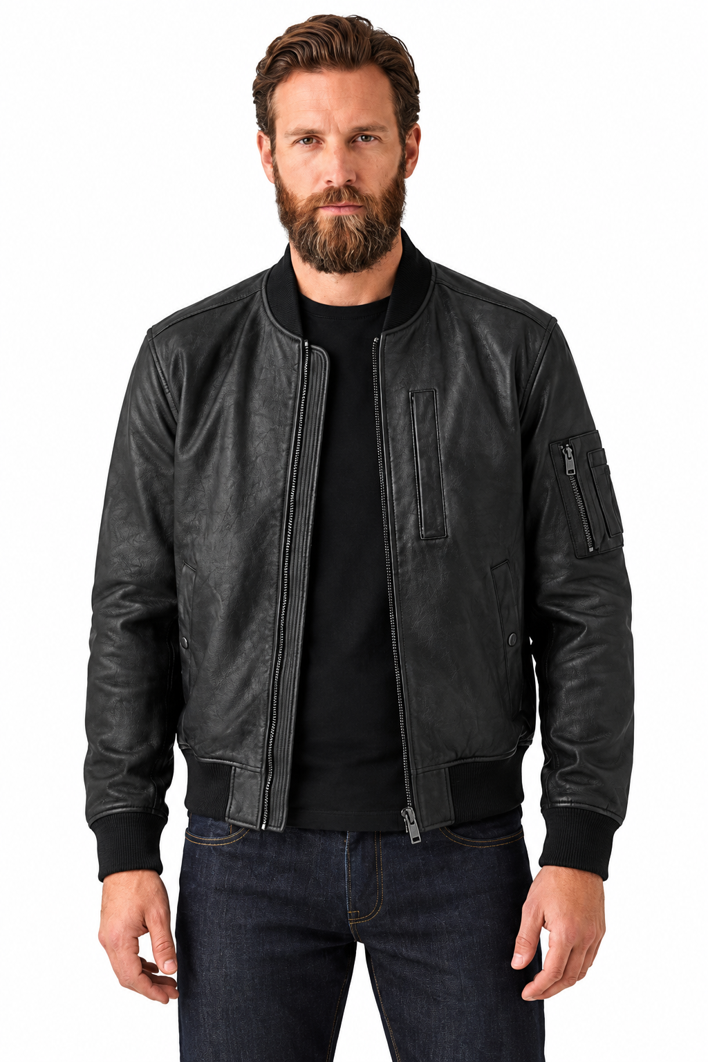 Man wearing a black genuine leather bomber jacket