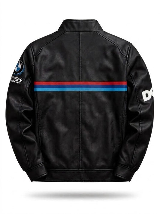 Back view of black leather racing jacket with blue and red stripe