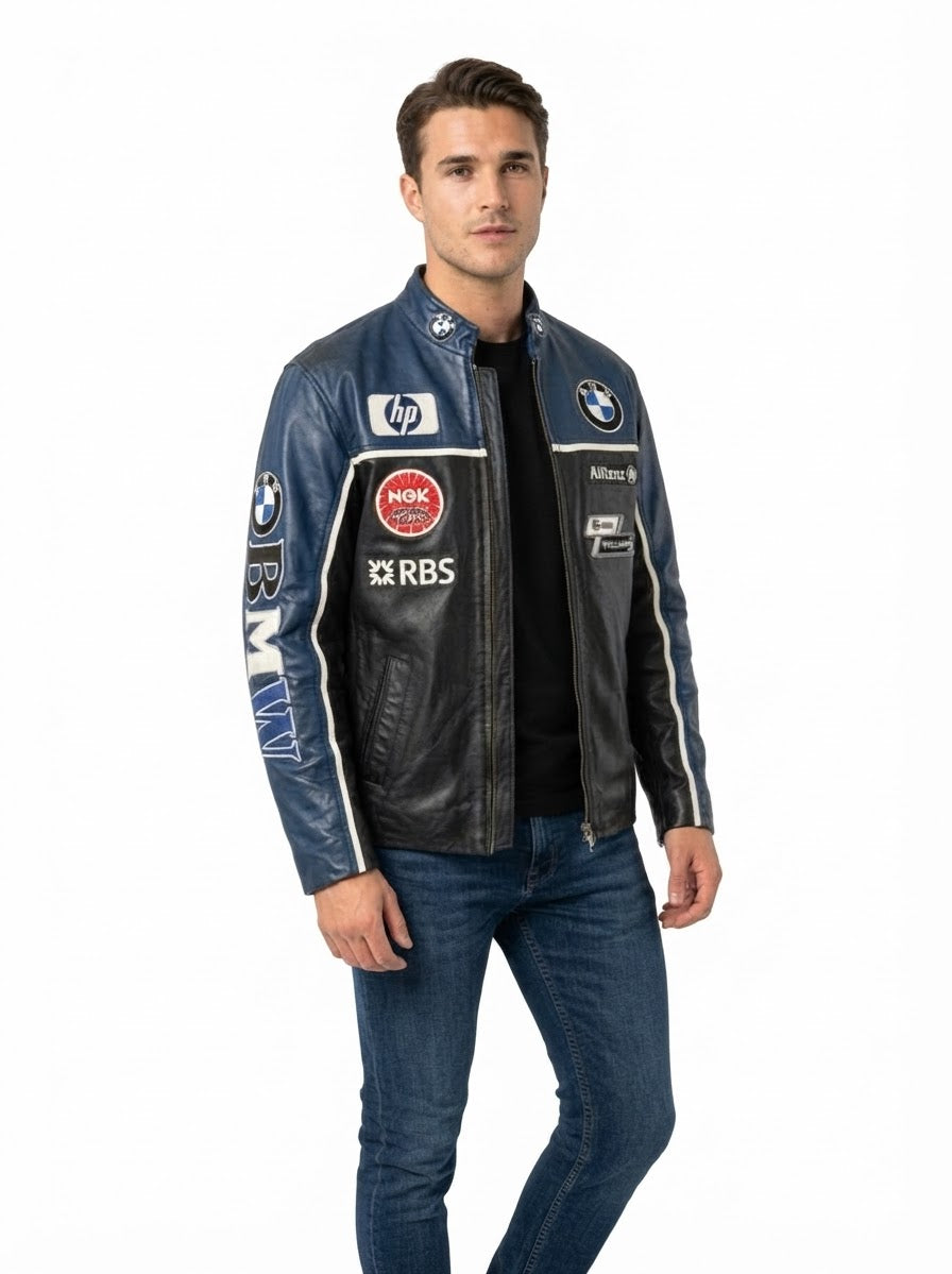 Man wearing blue and black vintage leather racing jacket with jeans