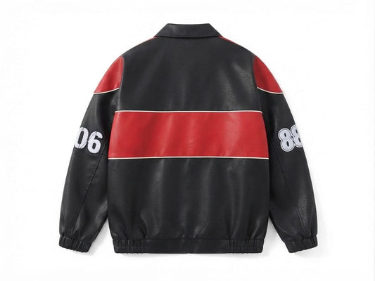 Back view of black and red leather racing bomber jacket with red stripe and sleeve numbers