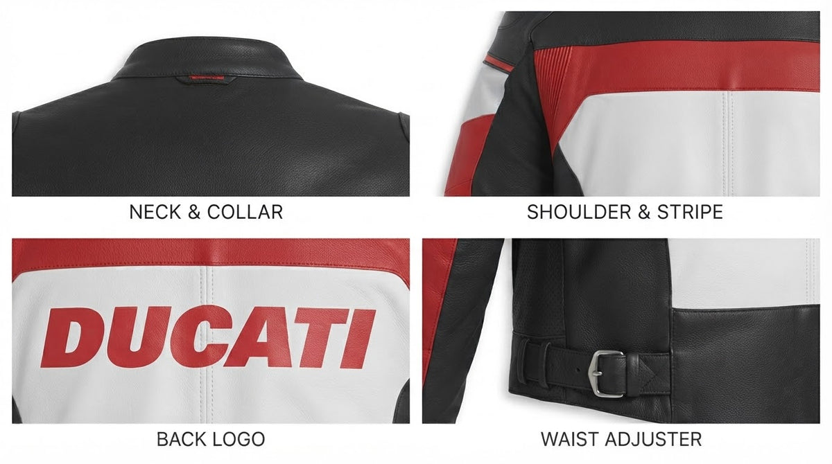 Close-up of neck, shoulder stripe, back lettering and waist adjuster on racing jacket