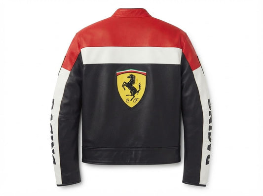 Back view of colorblock leather racing jacket with shield badge