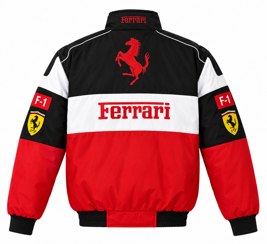 Back view of red, white and black racing bomber jacket with back lettering