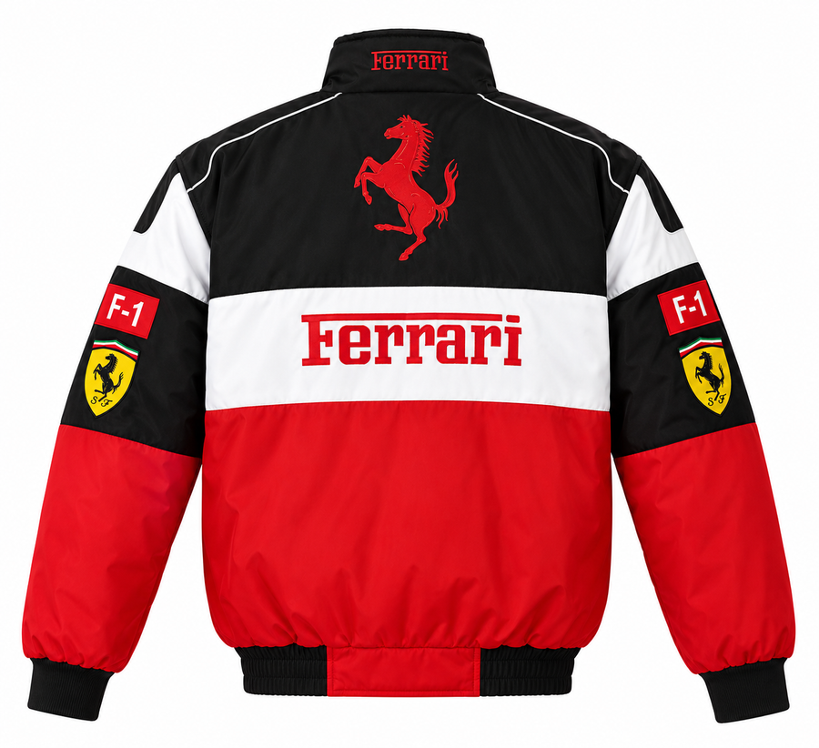 Herren-Bomberjacke im Racing-Stil in Rot, Weiß & Schwarz – Vintage-Team-Design – detail view