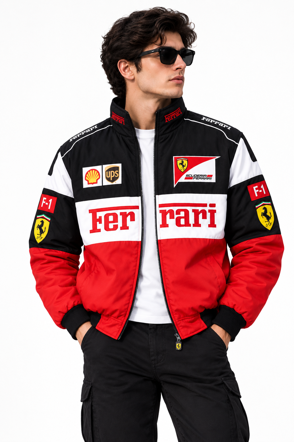 Detail view of red and black vintage racing bomber jacket