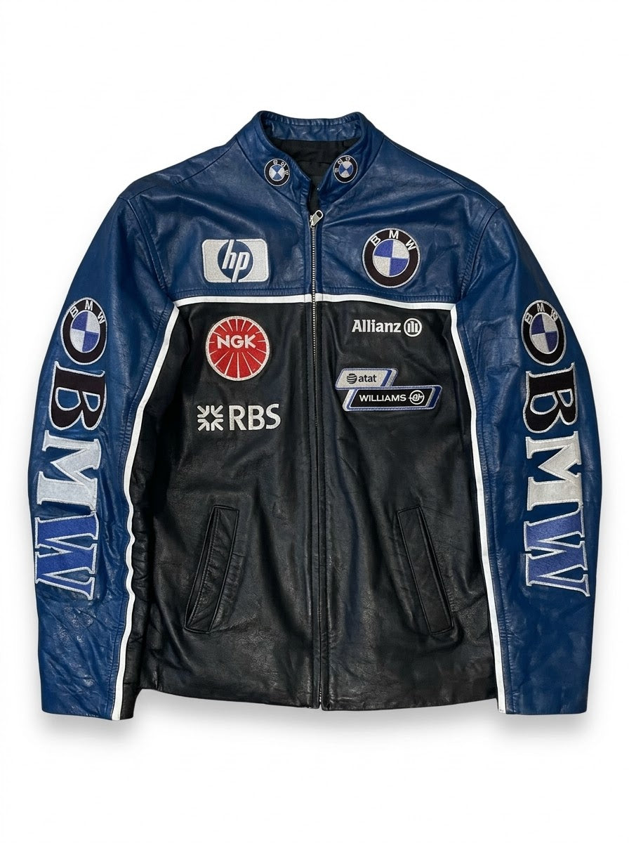 BMW Men's Blue & Black 90s Retro Leather Racing Jacket – detail view