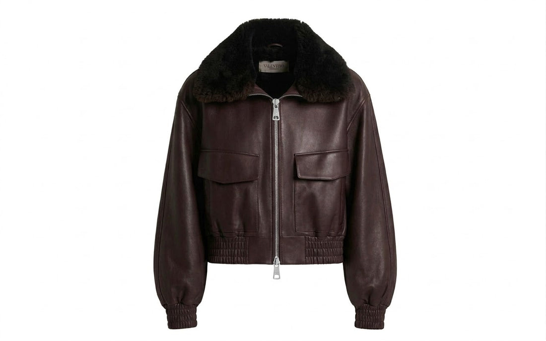Brown cowhide leather aviator jacket with faux fur collar
