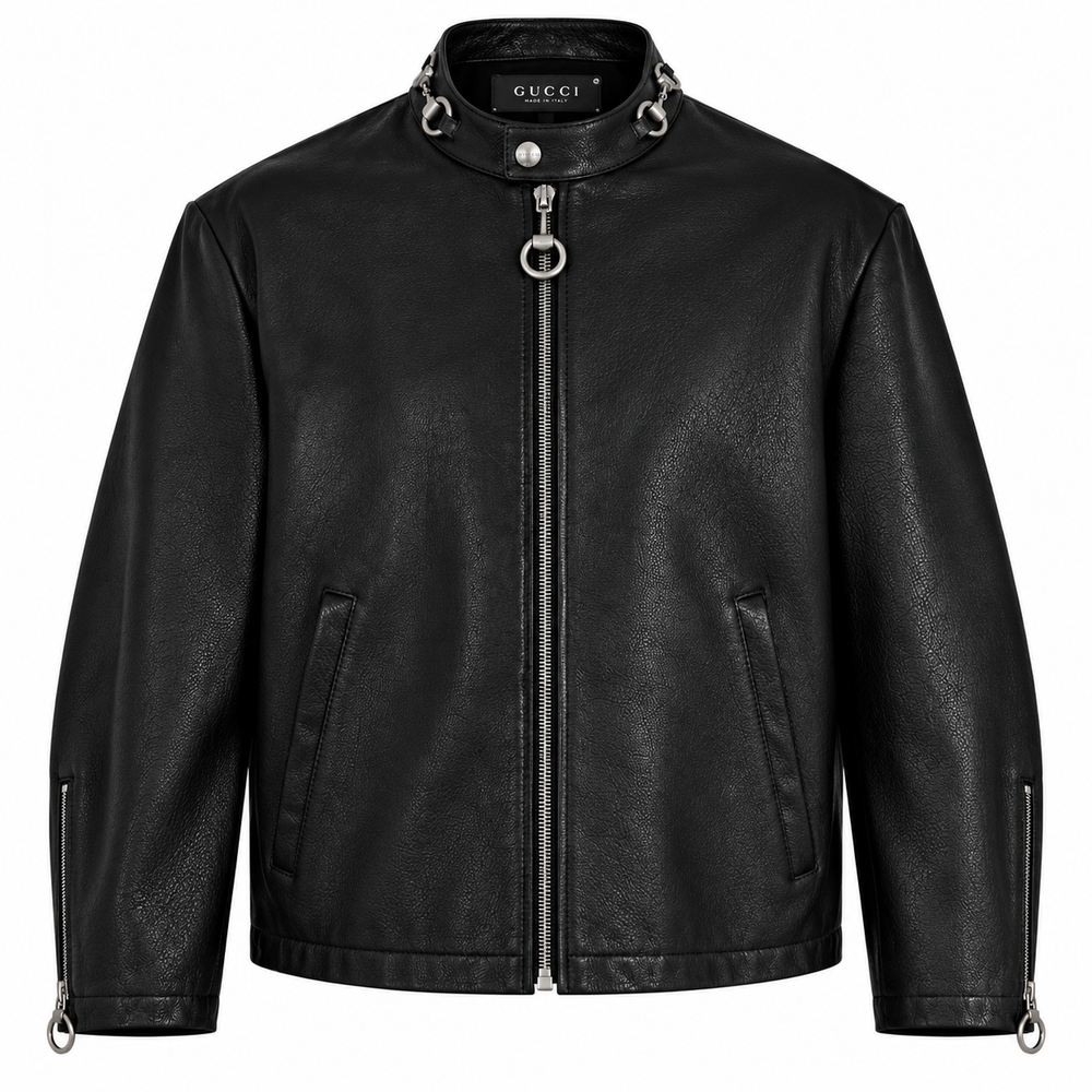 Men's black leather moto jacket with stand collar and ring zip pull, front view