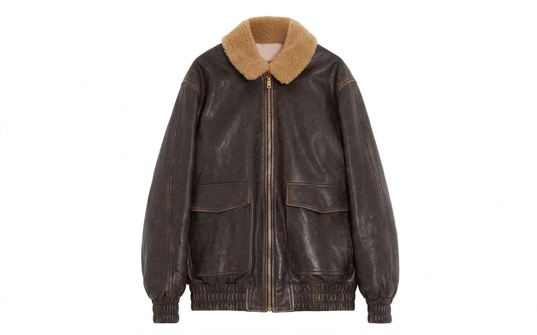 Men's distressed brown leather aviator bomber jacket
