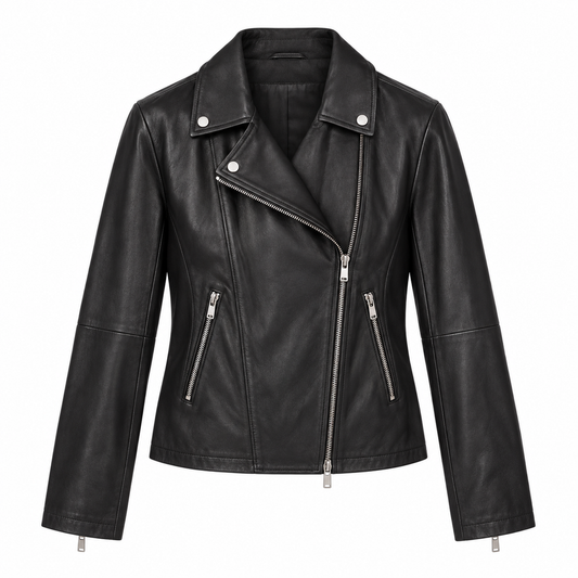 Woman wearing a black cropped cowhide leather moto jacket with high-rise jeans