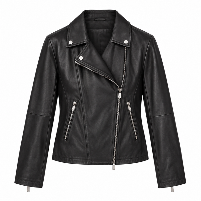 Woman wearing a black cropped cowhide leather moto jacket with high-rise jeans