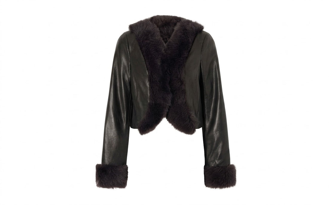 Women's cropped cowhide leather moto jacket with fur collar