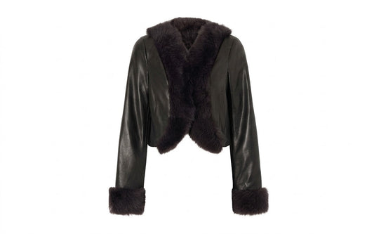 Women's cropped cowhide leather moto jacket with fur collar