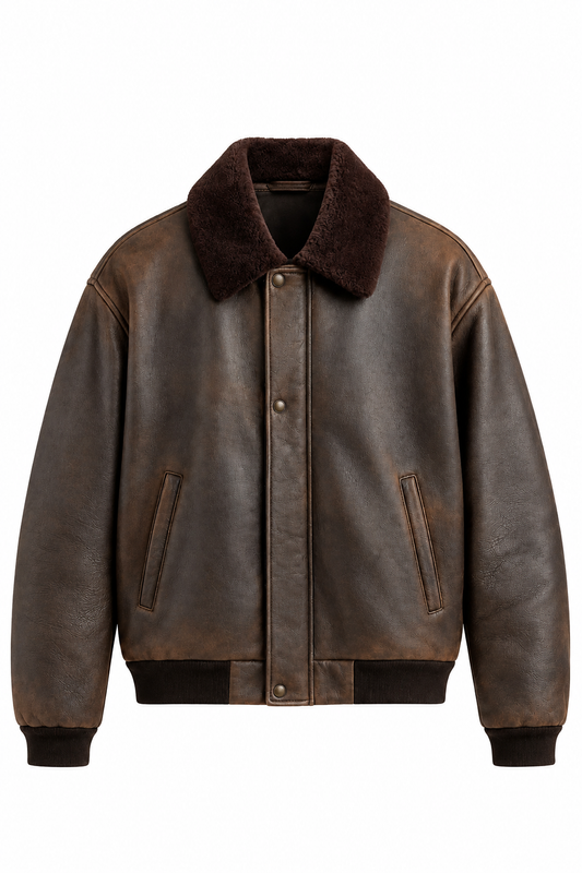 Men's black genuine leather bomber jacket with ribbed collar, cuffs and waistband