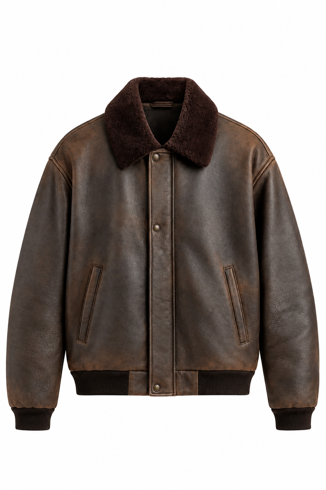 Men's black genuine leather bomber jacket with ribbed collar, cuffs and waistband