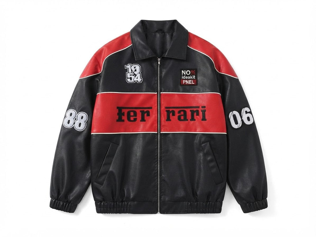 Men's black and red vintage leather racing jacket with contrast chest stripe, front view