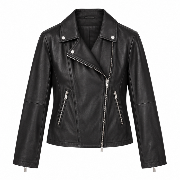 Women's black leather biker jacket with asymmetric zip on white background