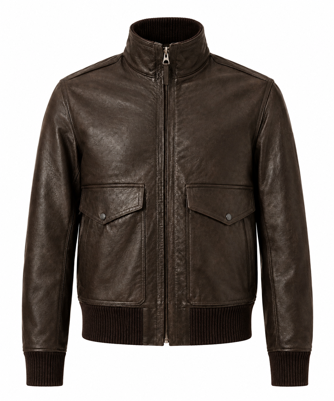 Men's brown leather field jacket with utility pockets on white background